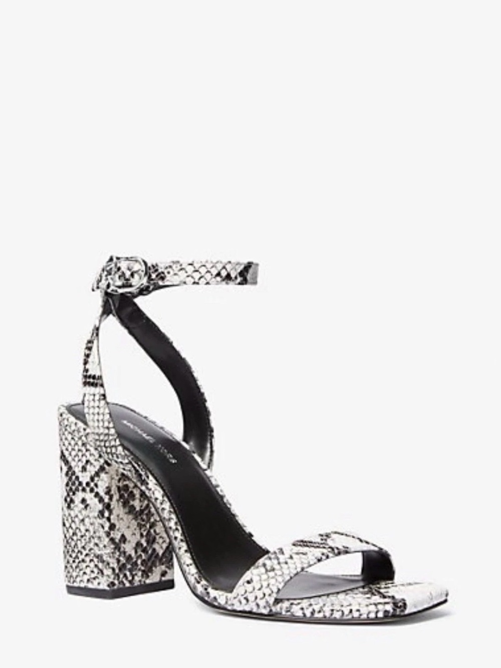 Michael Kors White and Black Snake-Print Ankle-Strap Block Heel Sandal - Picture 2 of 5
